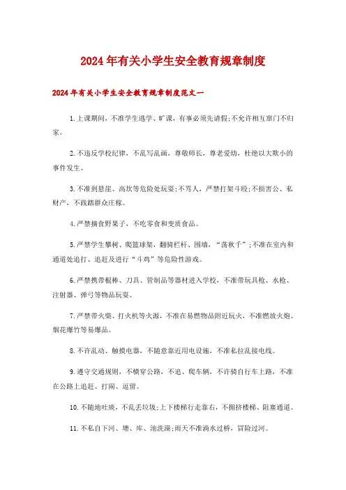 2024年有关小学生安全教育规章制度