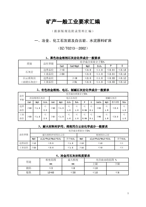 矿床一般工业指标、精矿质量指标汇编(最新版)