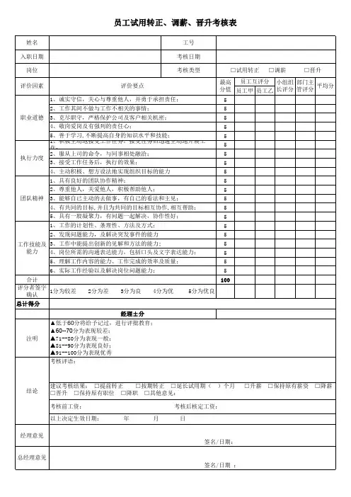 员工试用转正、调薪、晋升考核表