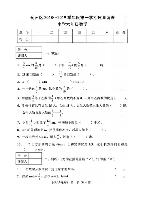 天津市蓟州区2018-2019学年度第一学期期中试卷六年级数学含答案