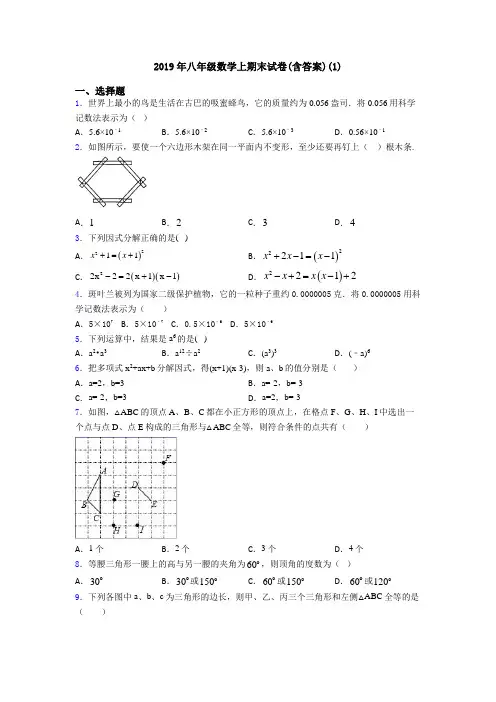 2019年八年级数学上期末试卷(含答案)(1)