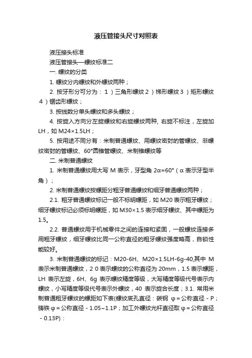 液压管接头尺寸对照表