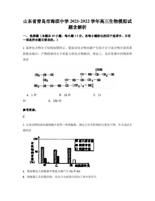 山东省青岛市海滨中学2021-2022学年高三生物模拟试题含解析