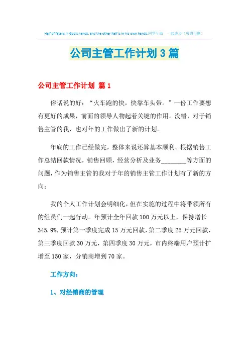 2021年公司主管工作计划3篇