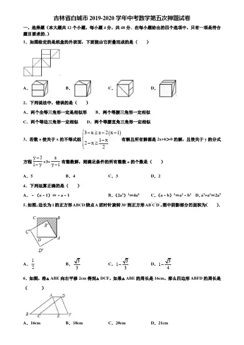 吉林省白城市2019-2020学年中考数学第五次押题试卷含解析