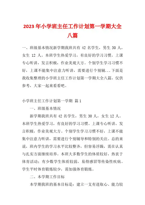 2023年小学班主任工作计划第一学期大全八篇