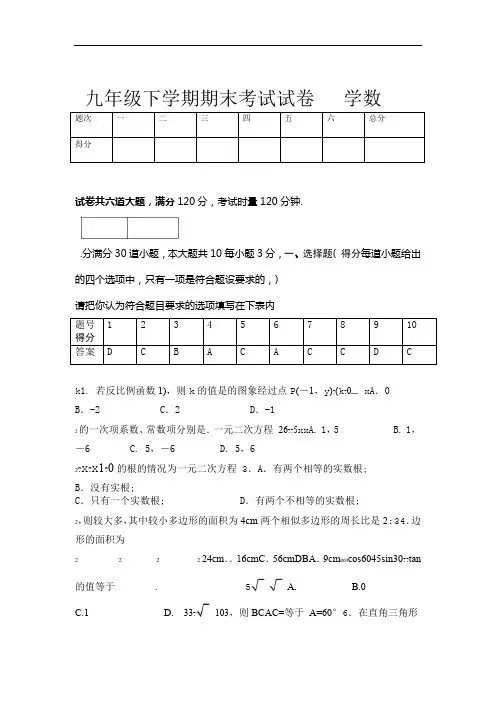 九年级下学期数学期末考试试卷及答案