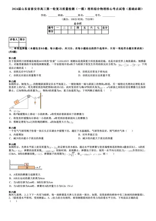 2024届山东省泰安市高三第一轮复习质量检测(一模)理科综合物理核心考点试卷(基础必刷)