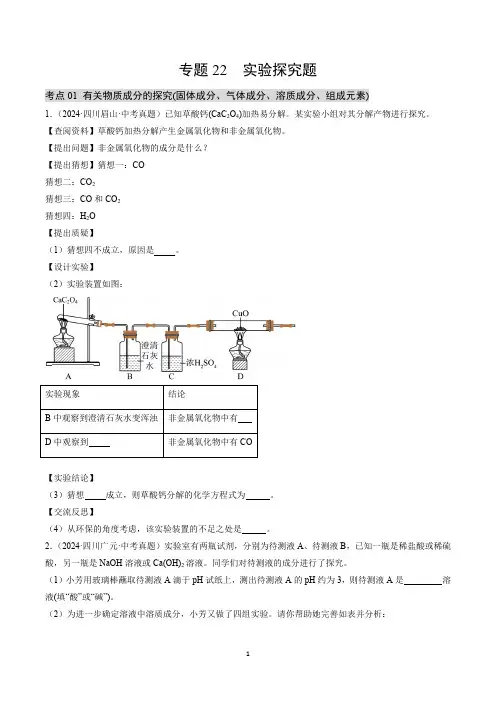 实验探究题(原卷版)三年(2022-2024)中考化学真题分类汇编(全国通用)