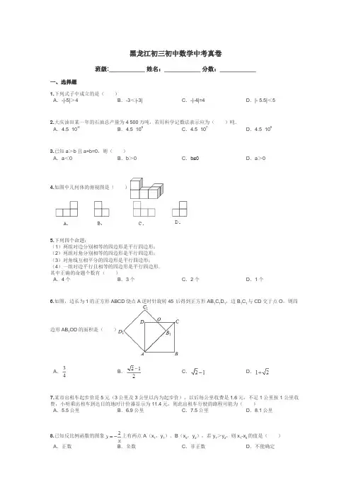 黑龙江初三初中数学中考真卷带答案解析
