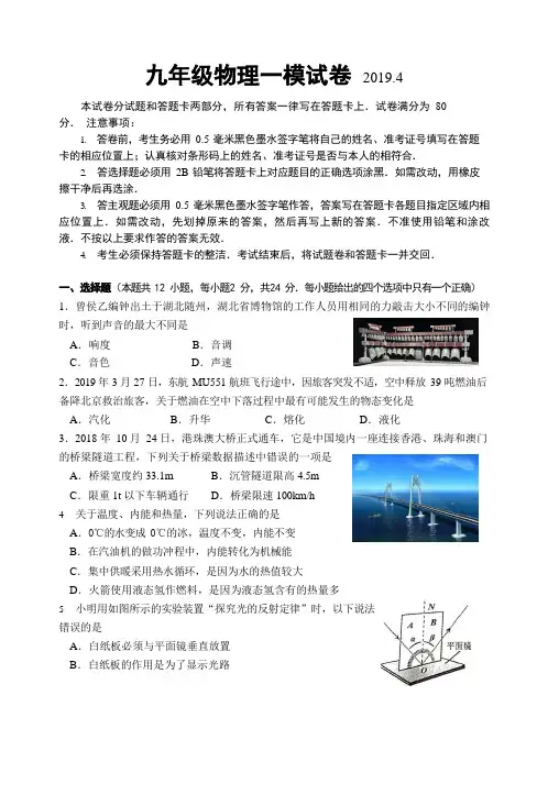 2019九年级物理一模试卷