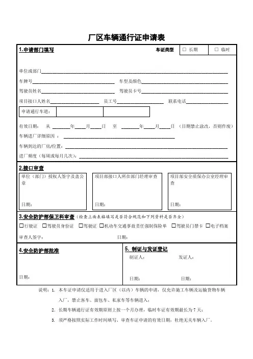 厂区车辆通行证申请表