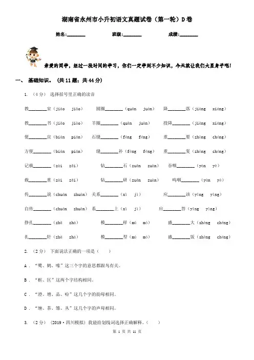湖南省永州市小升初语文真题试卷(第一轮)D卷