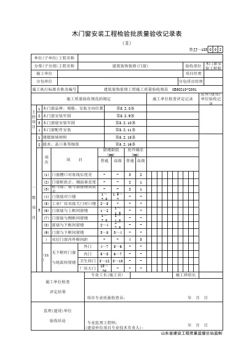 木门窗安装工程检验批质量验收记录表