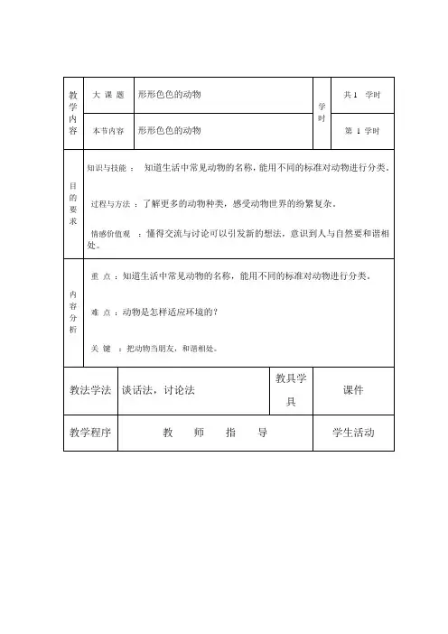 一年级下册科学教案-10《形形色色的动物》苏教版 