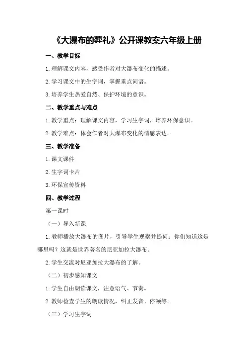 《大瀑布的葬礼》公开课教案六年级上册