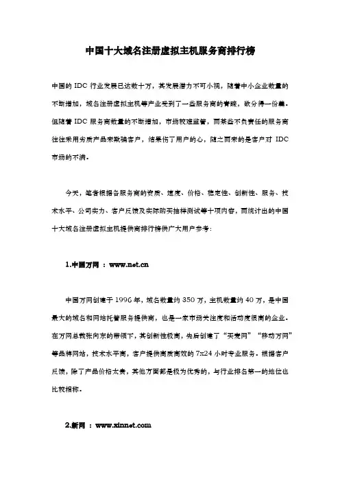 中国十大域名注册虚拟主机服务商排行榜