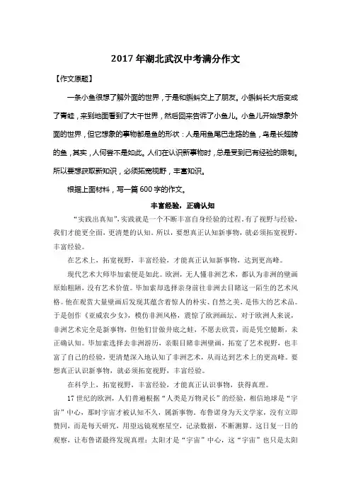 2017年湖北武汉中考满分作文《丰富经验,正确认知》