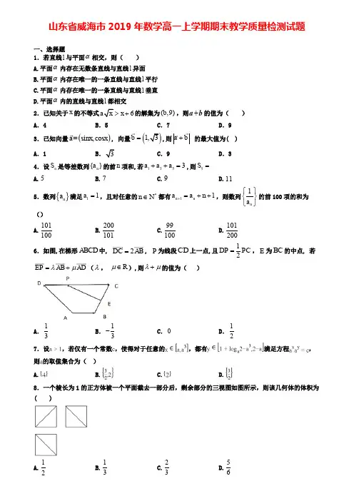 山东省威海市2019年数学高一上学期期末教学质量检测试题