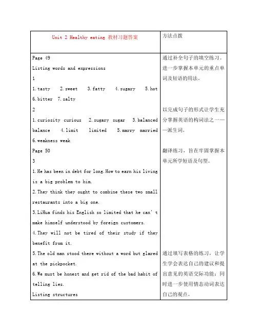 高中英语Unit 2 Healthy eating教材习题答案 新课标 人教版 必修3