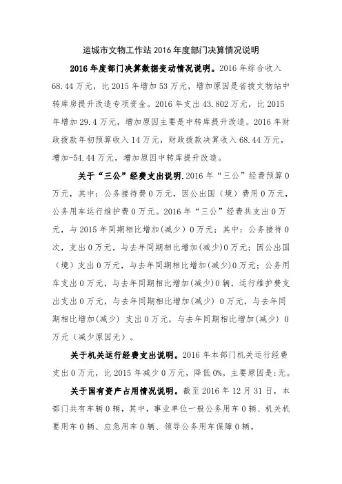 运城市文物工作站2016年度部门决算情况说明