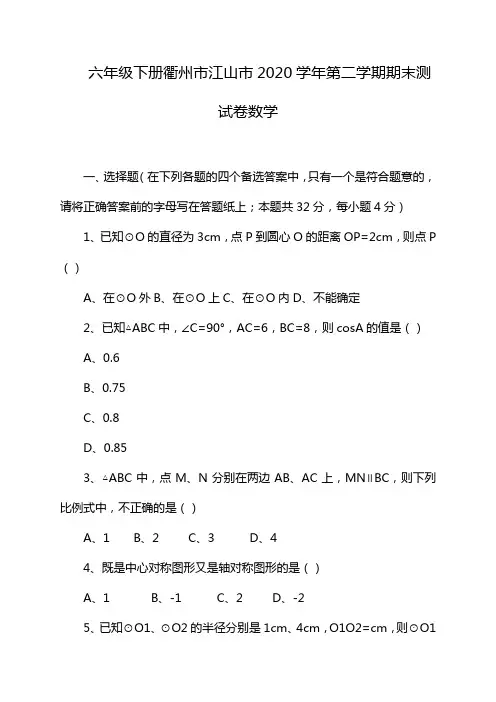 六年级下册衢州市江山市2020学年第二学期期末测试卷数学