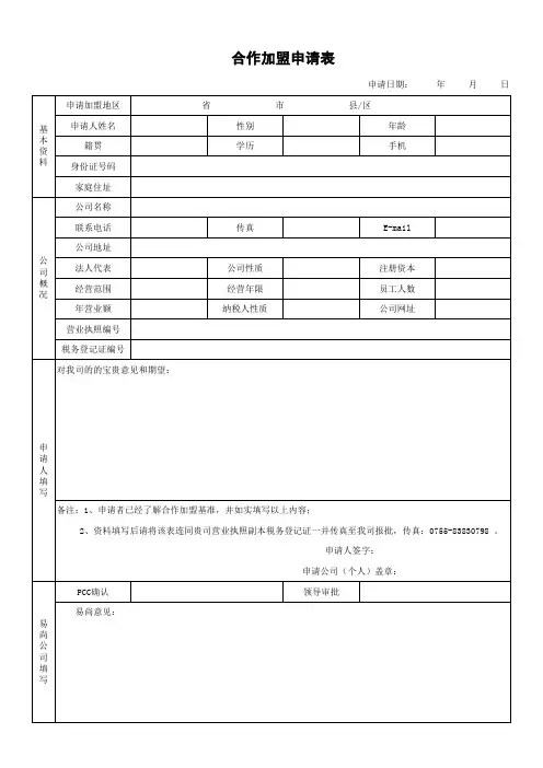 合作加盟申请表