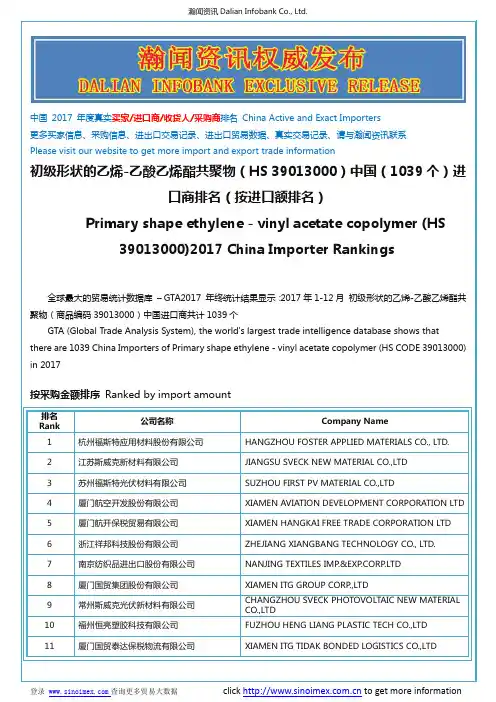 初级形状的乙烯-乙酸乙烯酯共聚物(HS 39013000)2017 中国(1039个)进口商排名(按进口额排名)