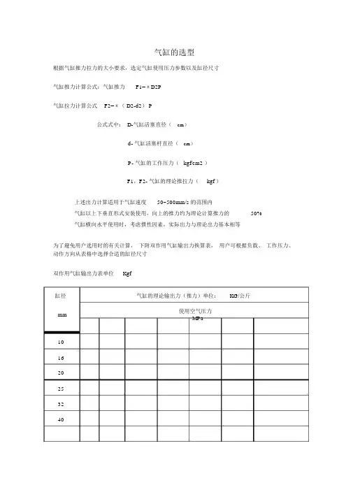 气缸选型对照标准标准表格.doc