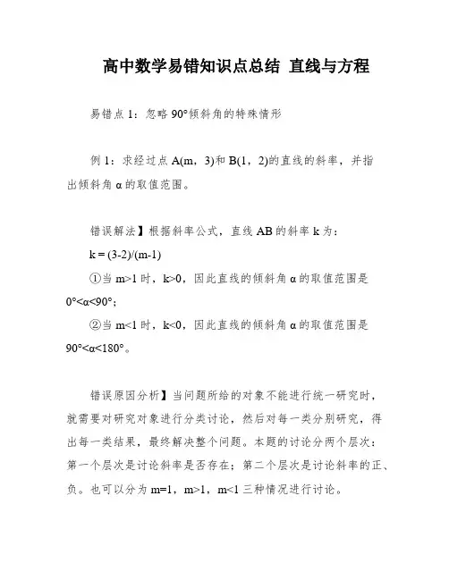 高中数学易错知识点总结 直线与方程