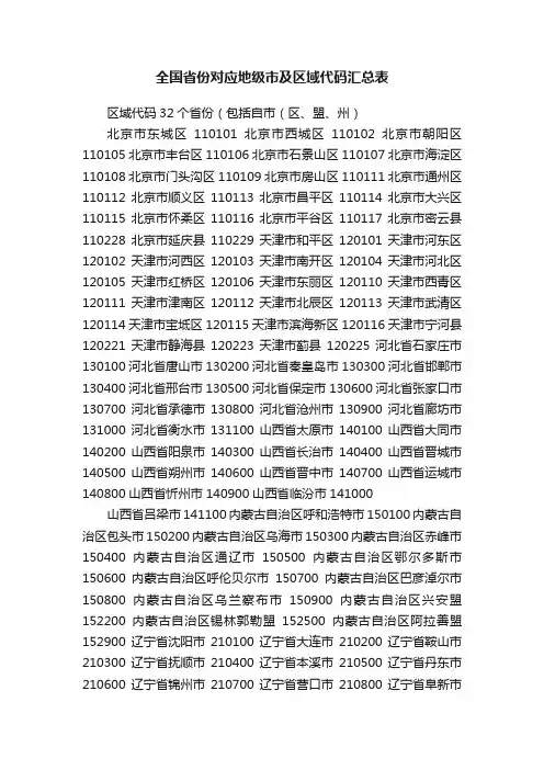 全国省份对应地级市及区域代码汇总表
