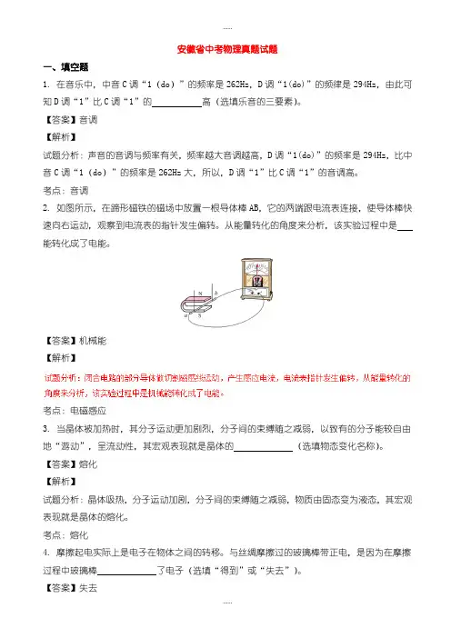精编2019级安徽省中考物理模拟试题(有标准答案)(word版)