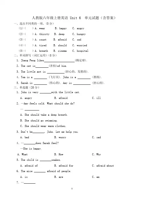 人教版六年级上册英语 Unit 6 单元试题(含答案)