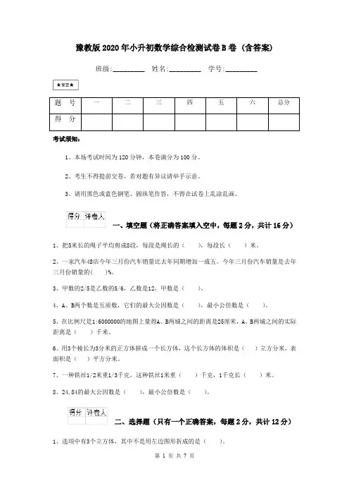 豫教版2020年小升初数学综合检测试卷B卷 (含答案)