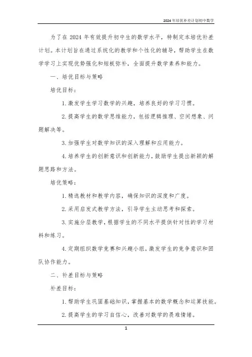 2024年培优补差计划初中数学