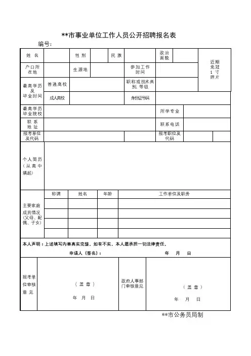 XX市事业单位工作人员公开招聘报名表【模板】
