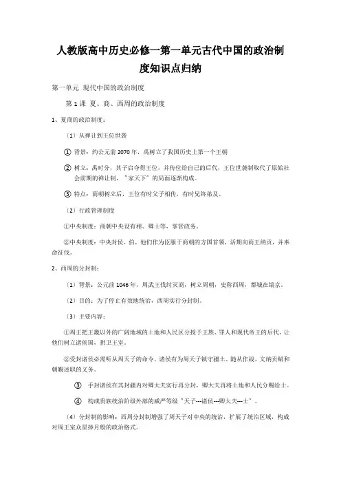 人教版高中历史必修一第一单元古代中国的政治制度知识点归纳