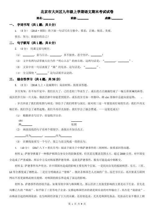 北京市大兴区九年级上学期语文期末考试试卷