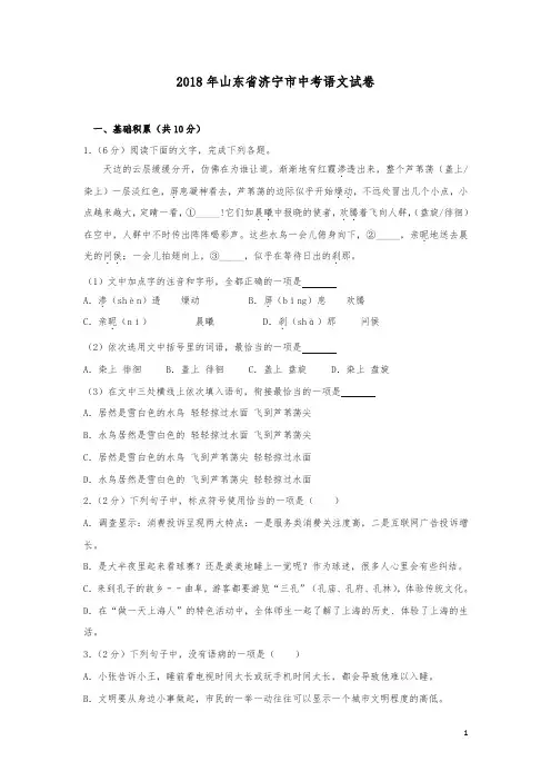 山东省济宁市2018年中考语文试题及答案解析(真题试卷)