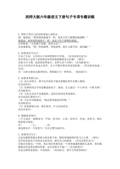 西师大版六年级语文下册句子专项专题训练