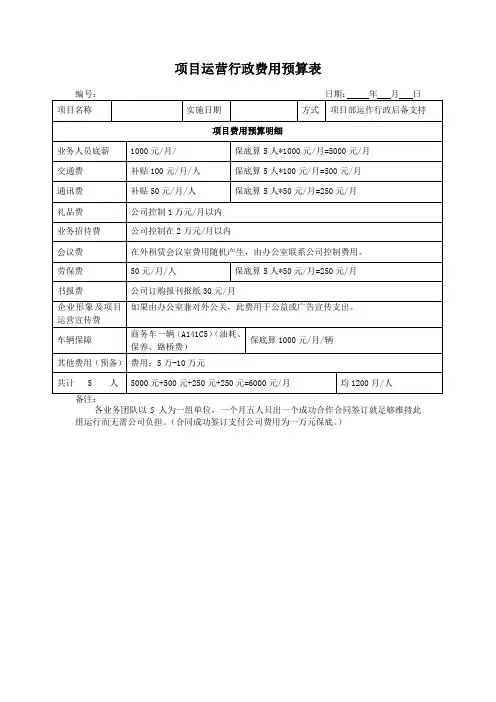 项目运营行政费用预算表