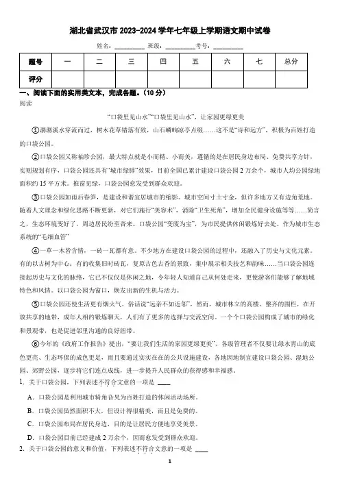湖北省武汉市2023-2024学年七年级上学期语文期中试卷(含答案)