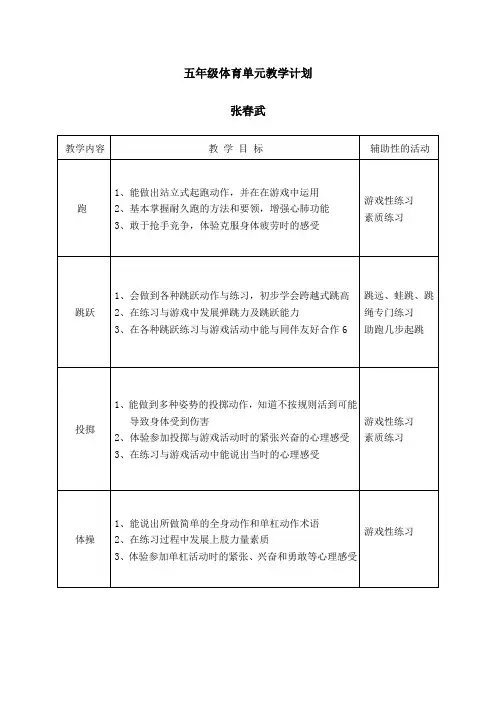 五年级体育单元教学计划