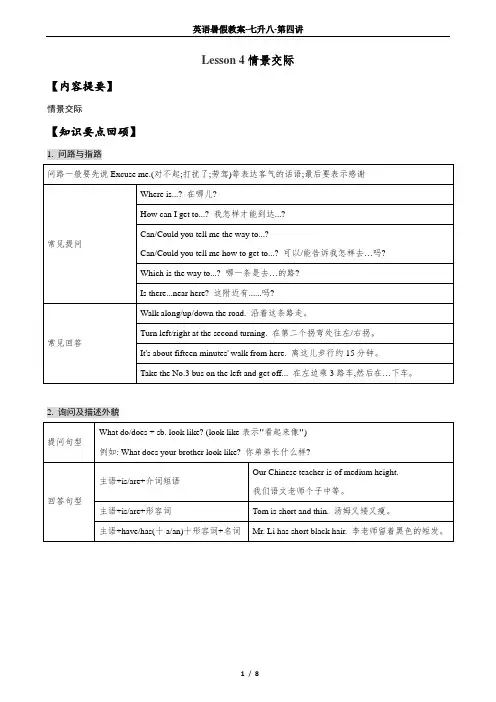 Lesson 4情景交际 人教版英语暑假语法专题教案(七升八)