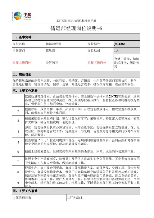储运部经理岗位说明书