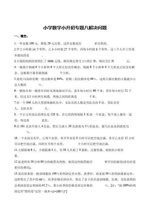 人教新课标六年级下册数学期末试题-小升初专题八解决问题  (含解析)