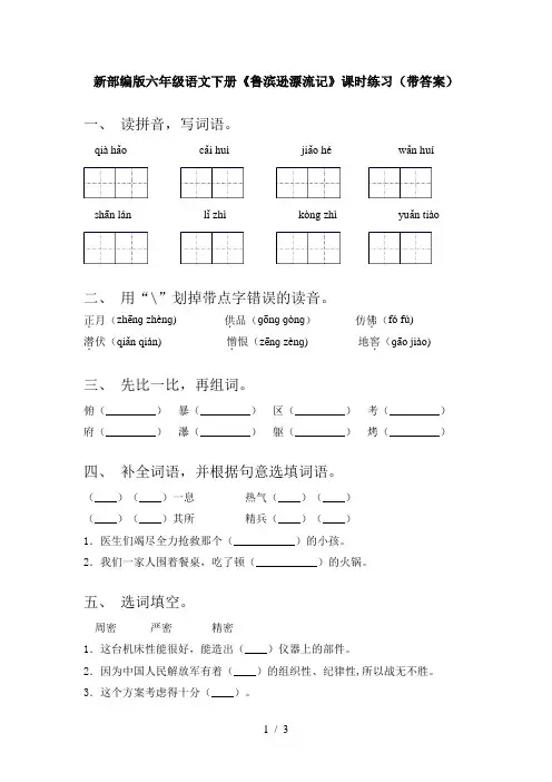 新部编版六年级语文下册《鲁滨逊漂流记》课时练习(带答案)