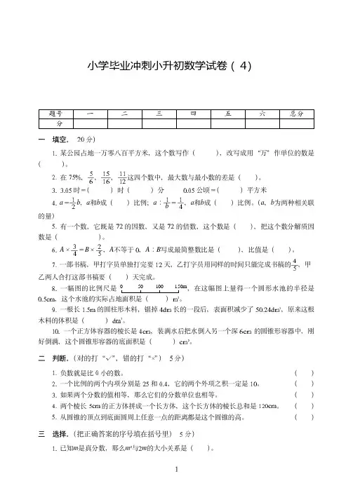 石家庄市2019-2020小学毕业冲刺小升初数学试卷附试题详细答案( 4)
