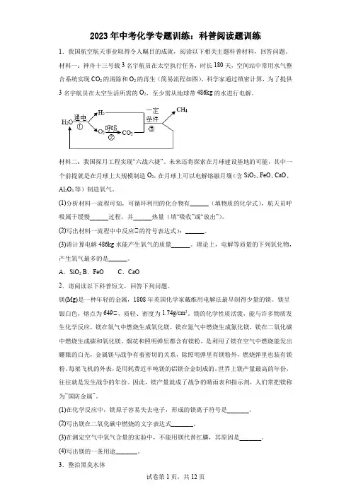 2023年中考化学专题训练：科普阅读题训练
