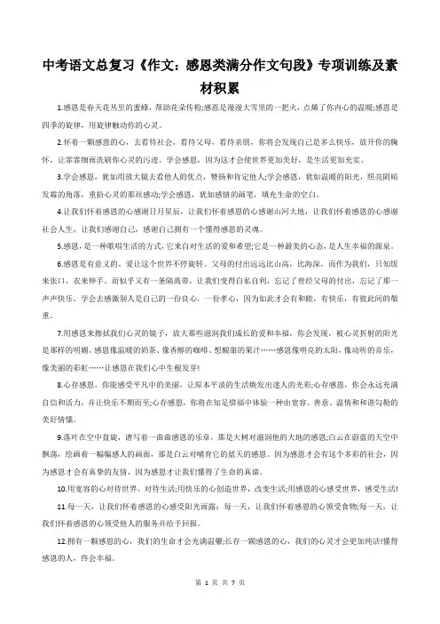 中考语文总复习《作文：感恩类满分作文句段》专项训练及素材积累